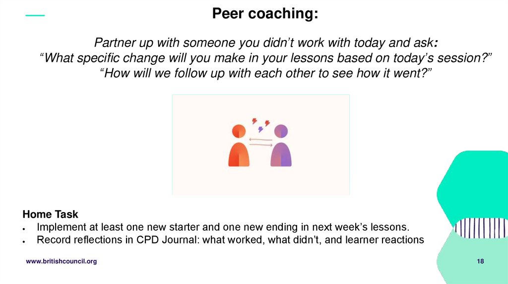 Peer coaching: Partner up with someone you didn’t work with today and ask: “What specific change will you make in your lessons
