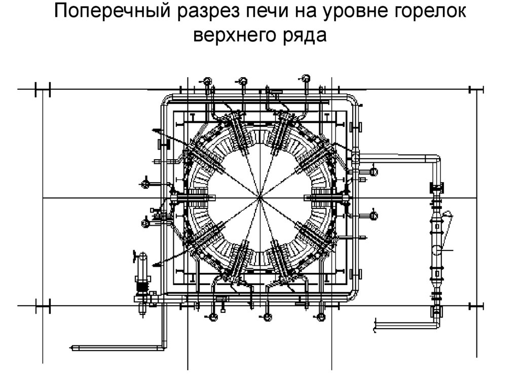 Поперечный разрез печи на уровне горелок верхнего ряда