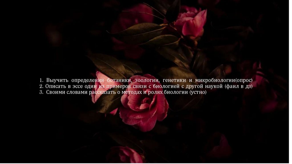 1. Выучить определения ботаники, зоологии, генетики и микробиологии(опрос) 2. Описать в эссе один из примеров связи с биологией