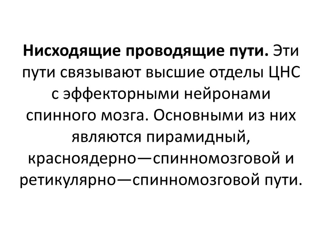 Нисходящие проводящие пути. Эти пути связывают высшие отделы ЦНС с эффекторными нейронами спинного мозга. Основными из них