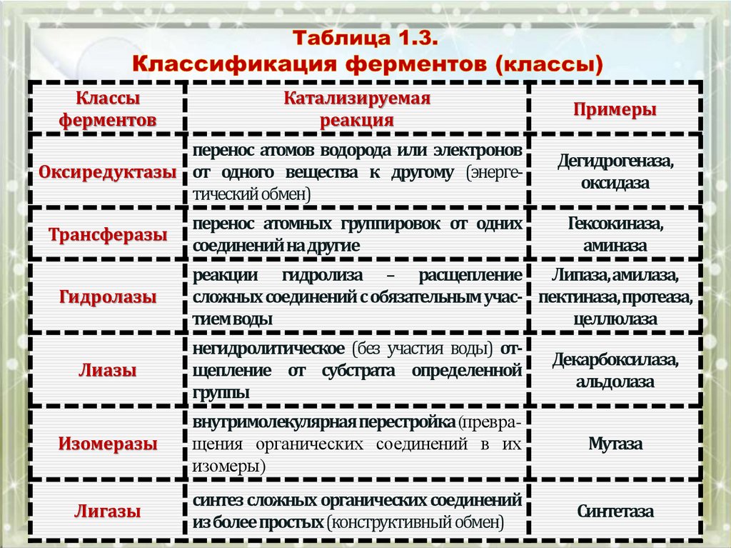 Таблица 1.3. Классификация ферментов (классы)