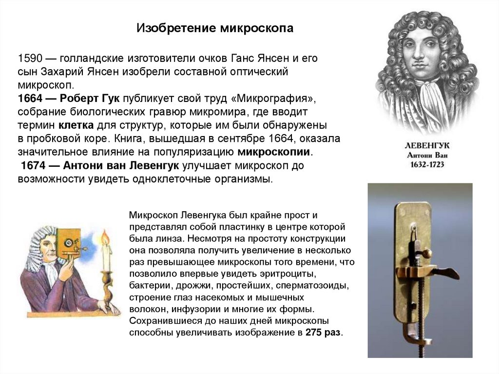 1590 — голландские изготовители очков Ганс Янсен и его сын Захарий Янсен изобрели составной оптический микроскоп. 1664 — Роберт