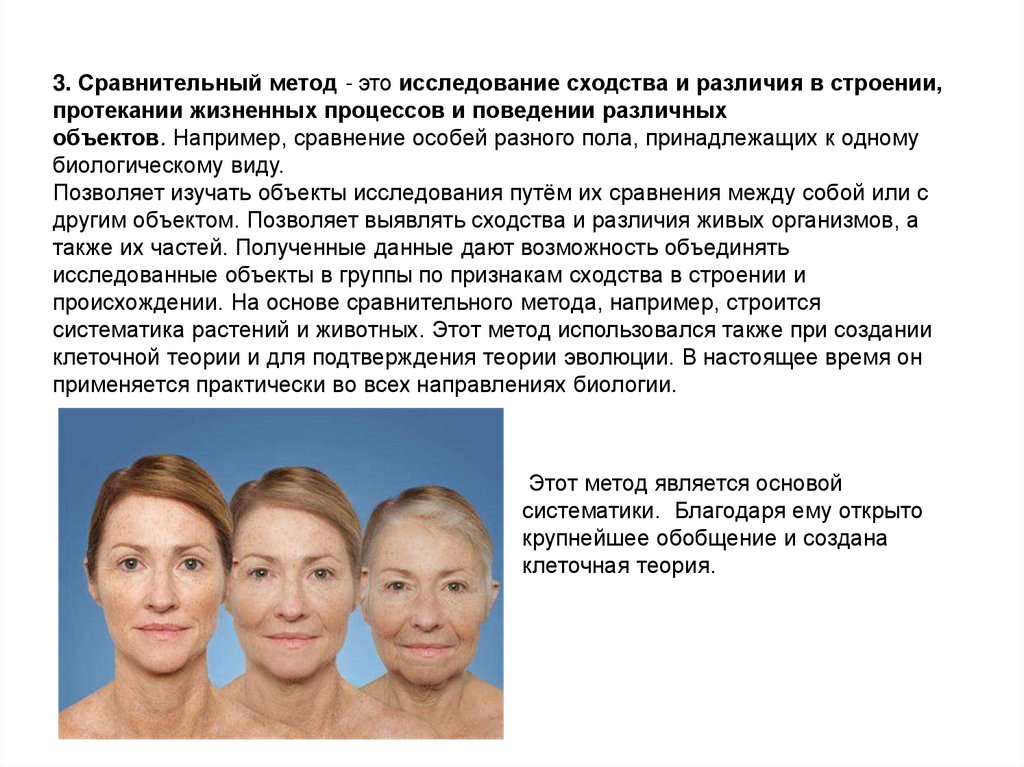 3. Сравнительный метод - это исследование сходства и различия в строении, протекании жизненных процессов и поведении различных