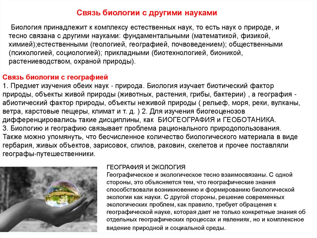 Связь биологии с географией 1. Предмет изучения обеих наук - природа. Биология изучает биотический фактор природы, объекты