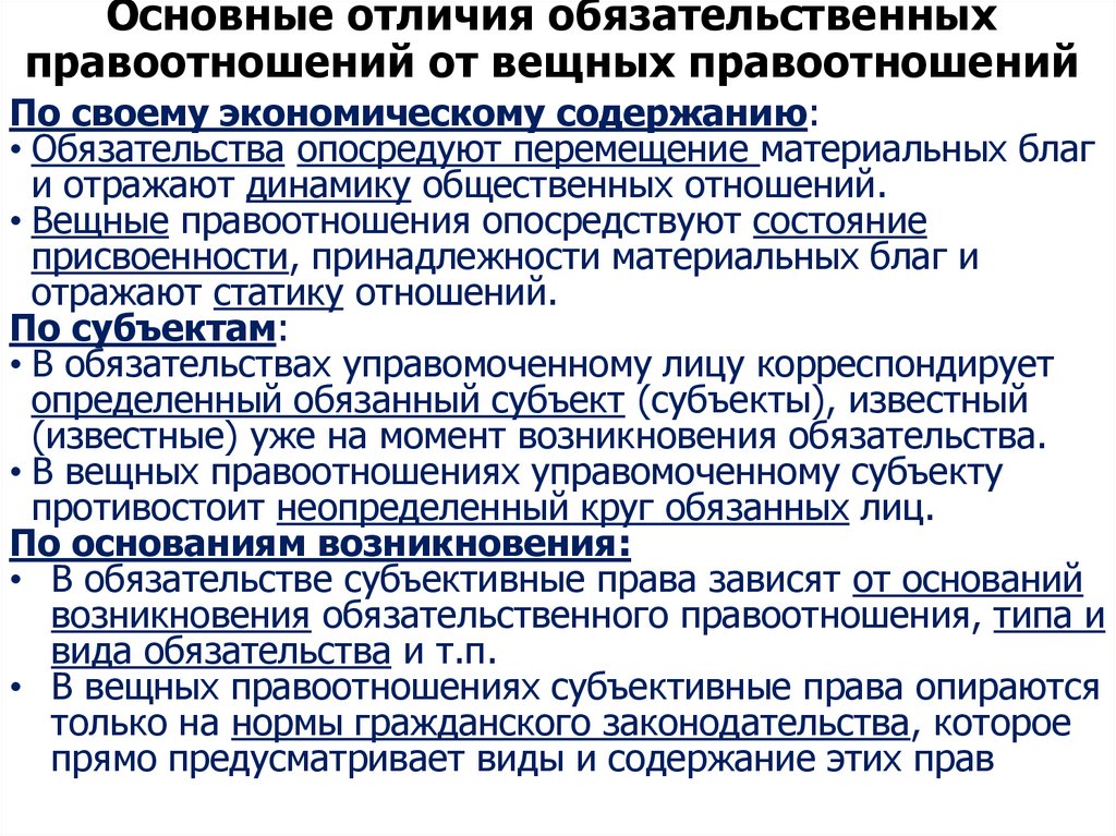 Основные отличия обязательственных правоотношений от вещных правоотношений