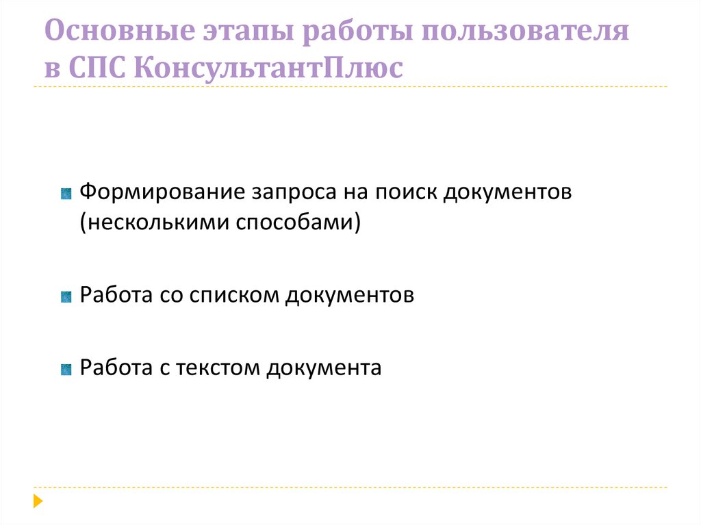 Основные этапы работы пользователя в СПС КонсультантПлюс