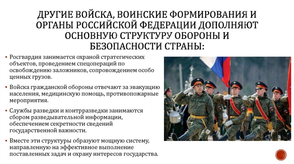 Другие войска, воинские формирования и органы Российской Федерации дополняют основную структуру обороны и безопасности страны: