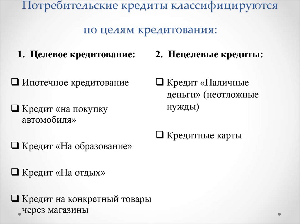 Потребительские кредиты классифицируются по целям кредитования: