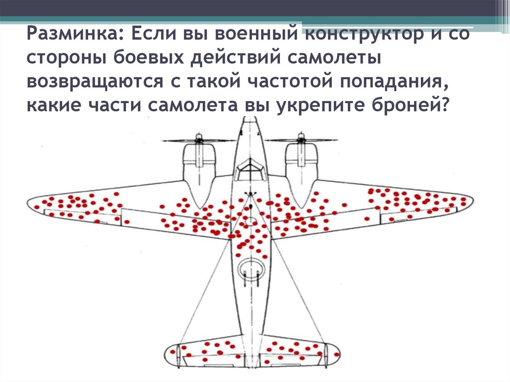 Разминка: Если вы военный конструктор и со стороны боевых действий самолеты возвращаются с такой частотой попадания, какие