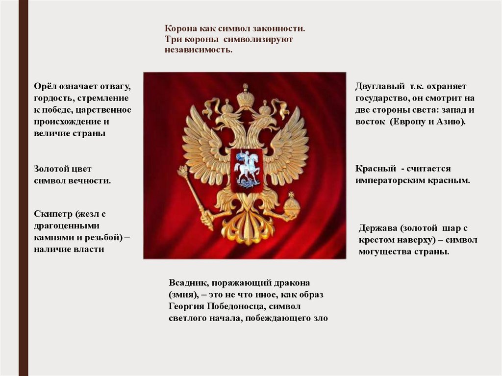 Корона как символ законности. Три короны символизируют независимость.