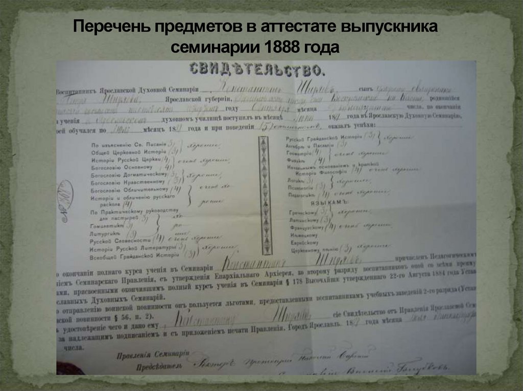 Перечень предметов в аттестате выпускника семинарии 1888 года