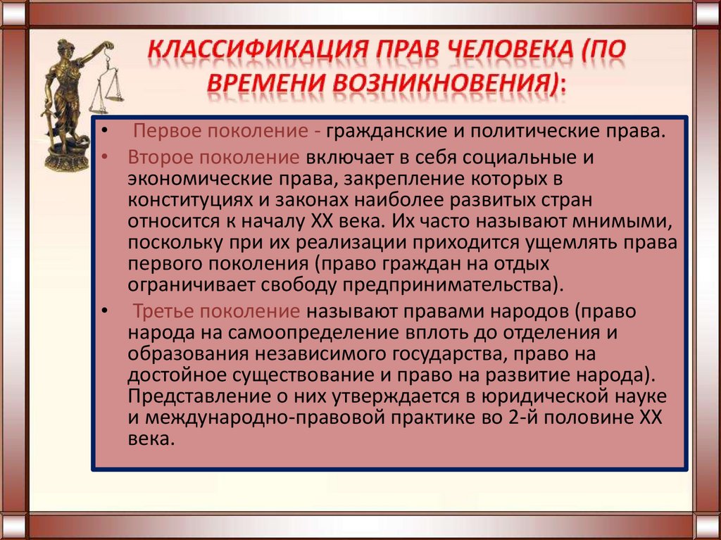 Классификация прав человека (по времени возникновения):
