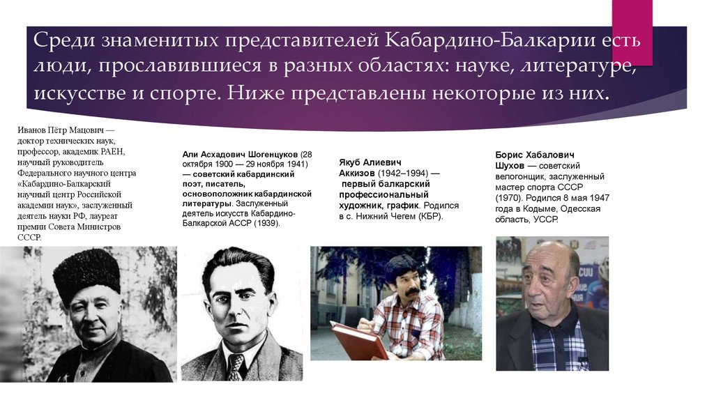 Среди знаменитых представителей Кабардино-Балкарии есть люди, прославившиеся в разных областях: науке, литературе, искусстве и