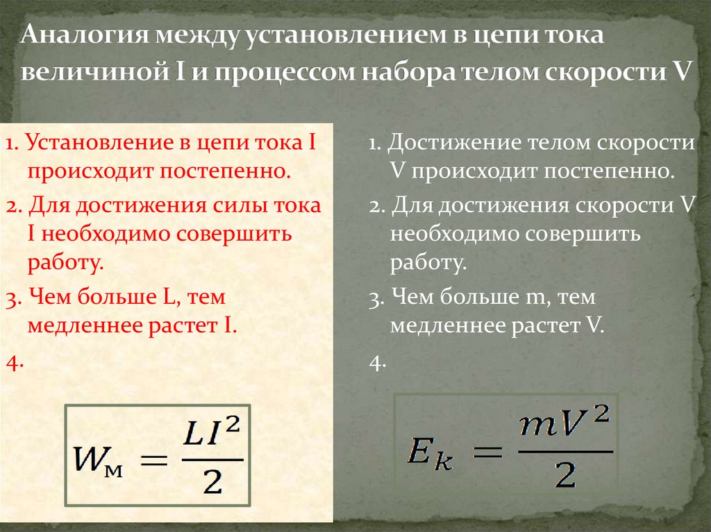 Аналогия между установлением в цепи тока величиной I и процессом набора телом скорости V