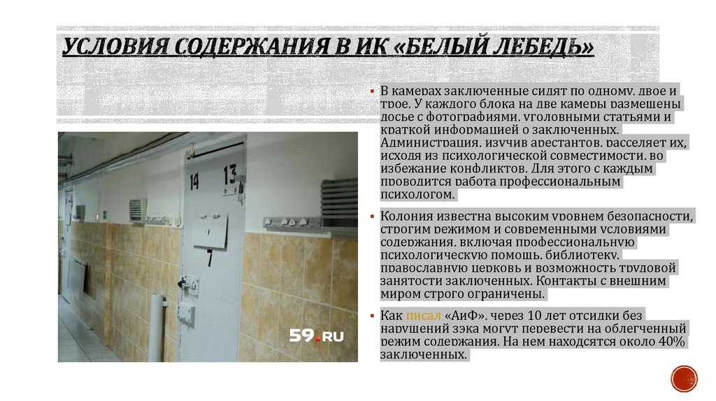 Условия содержания в ИК «Белый лебедь»