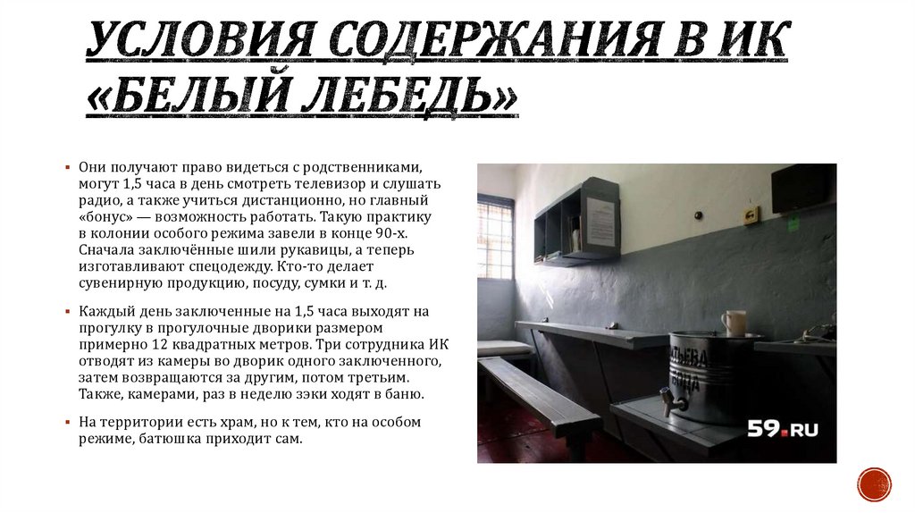 Условия содержания в ИК «Белый лебедь»