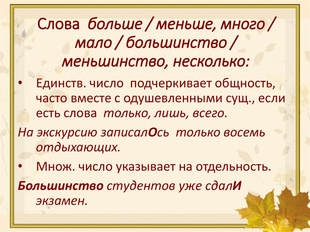 Слова больше / меньше, много / мало / большинство / меньшинство, несколько: