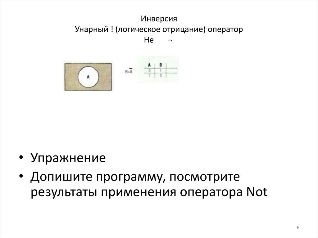Инверсия Унарный ! (логическое отрицание) оператор Не ¬ 