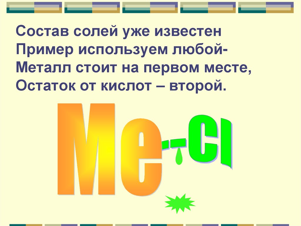 Состав солей уже известен Пример используем любой- Металл стоит на первом месте, Остаток от кислот – второй.