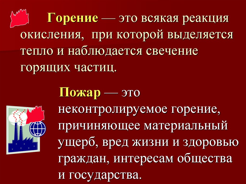 Горение — это всякая реакция окисления, при которой выделяется тепло и наблюдается свечение горящих частиц.