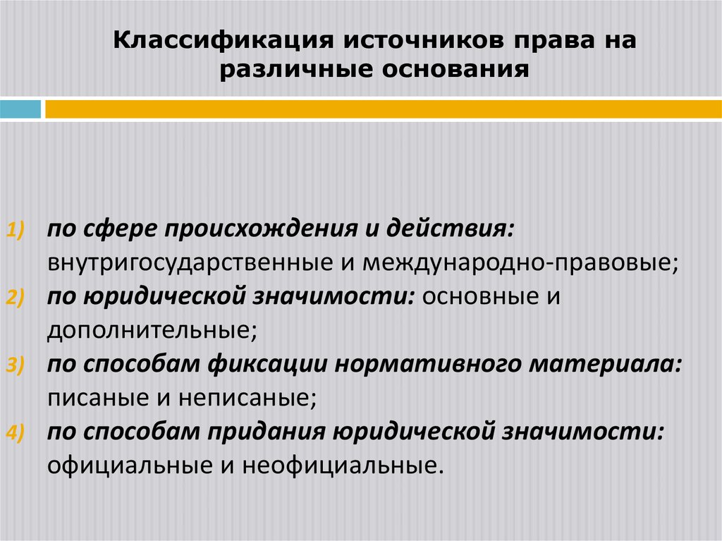 Классификация источников права на различные основания