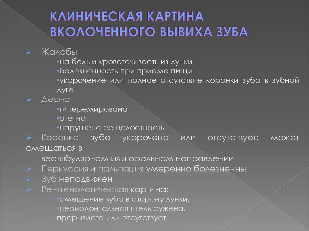 КЛИНИЧЕСКАЯ КАРТИНА ВКОЛОЧЕННОГО ВЫВИХА ЗУБА
