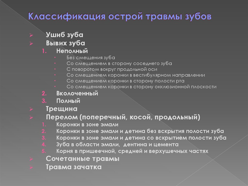 Классификация острой травмы зубов
