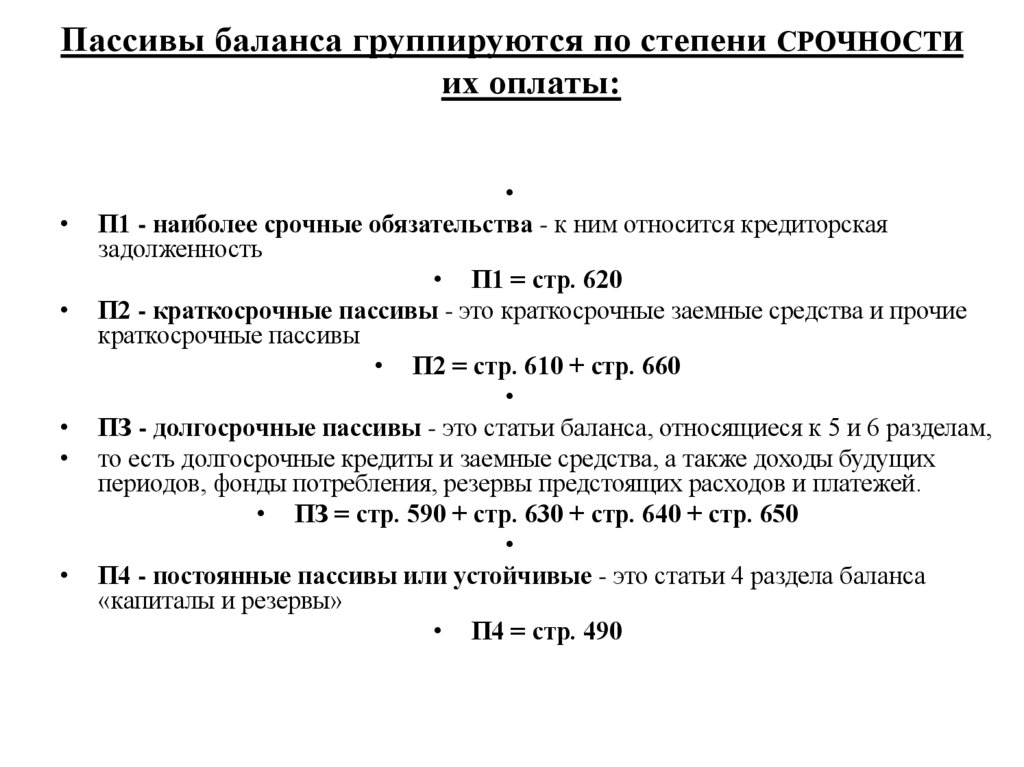 Пассивы баланса группируются по степени срочности их оплаты: