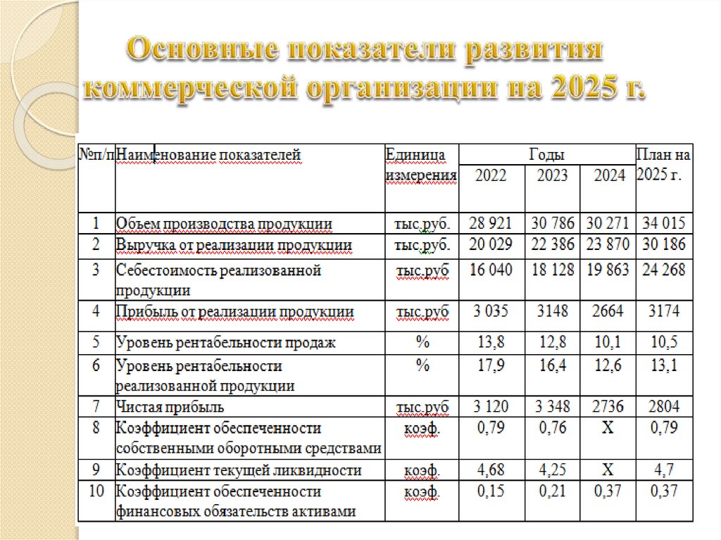 Основные показатели развития коммерческой организации на 2025 г.