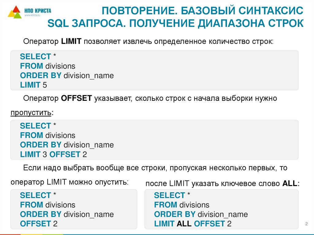 Повторение. Базовый синтаксис SQL запроса. Получение диапазона строк