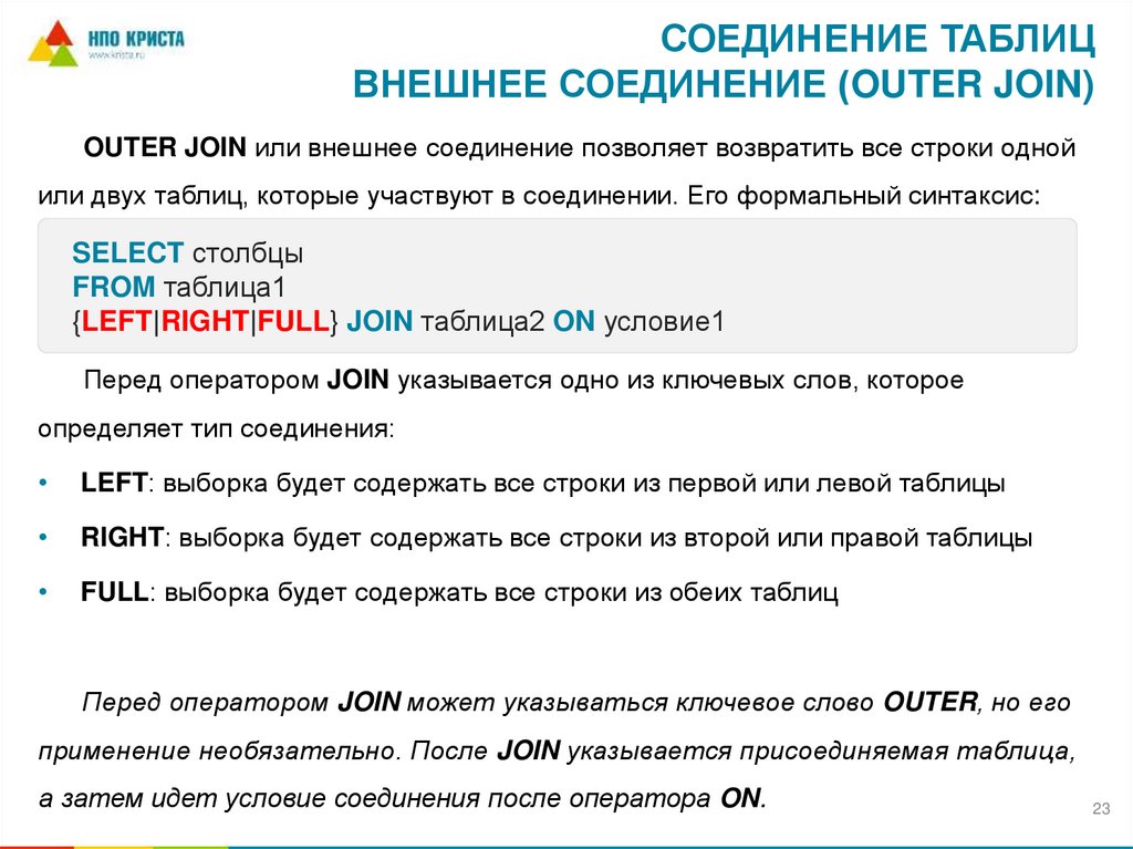 Соединение таблиц внешнее соединение (OUTER JOIN)