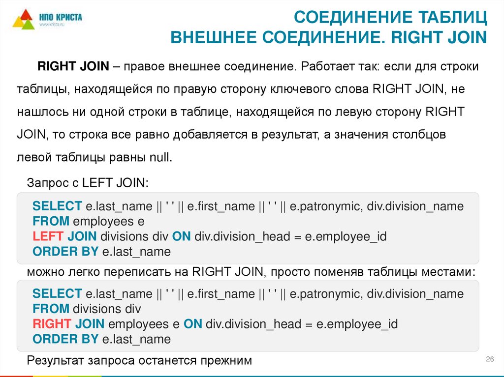 Соединение таблиц внешнее соединение. RIGHT JOIN