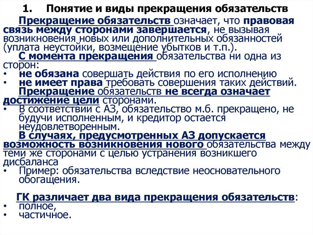 1. Понятие и виды прекращения обязательств