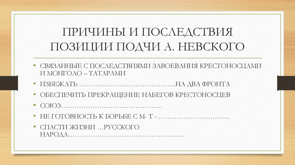 ПРИЧИНЫ И ПОСЛЕДСТВИЯ ПОЗИЦИИ ПОДЧИ А. НЕВСКОГО