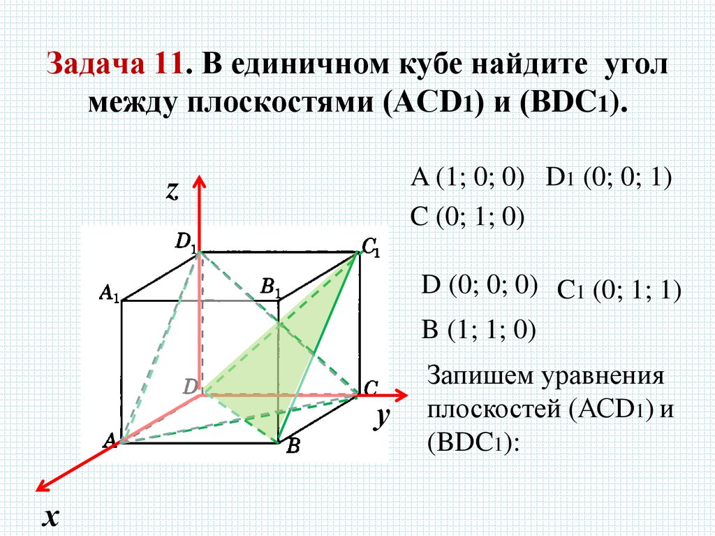 Задача 11. В единичном кубе найдите угол между плоскостями (АСD1) и (ВDC1).