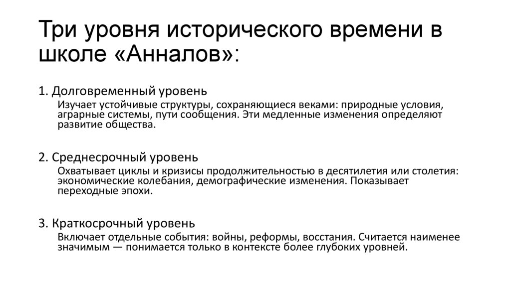 Три уровня исторического времени в школе «Анналов»: 