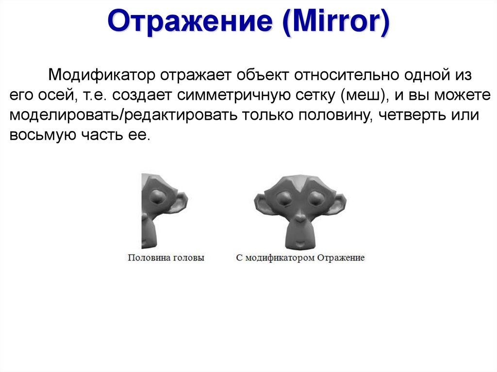 Модификатор отражает объект относительно одной из его осей, т.е. создает симметричную сетку (меш), и вы можете