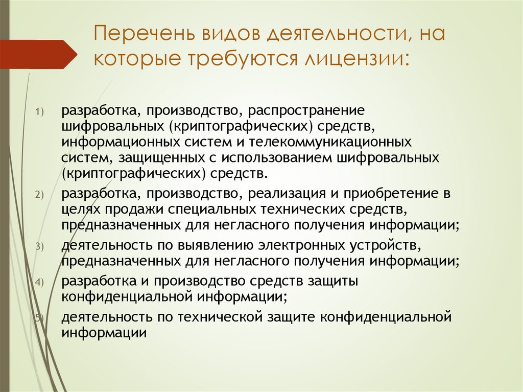 Перечень видов деятельности, на которые требуются лицензии: