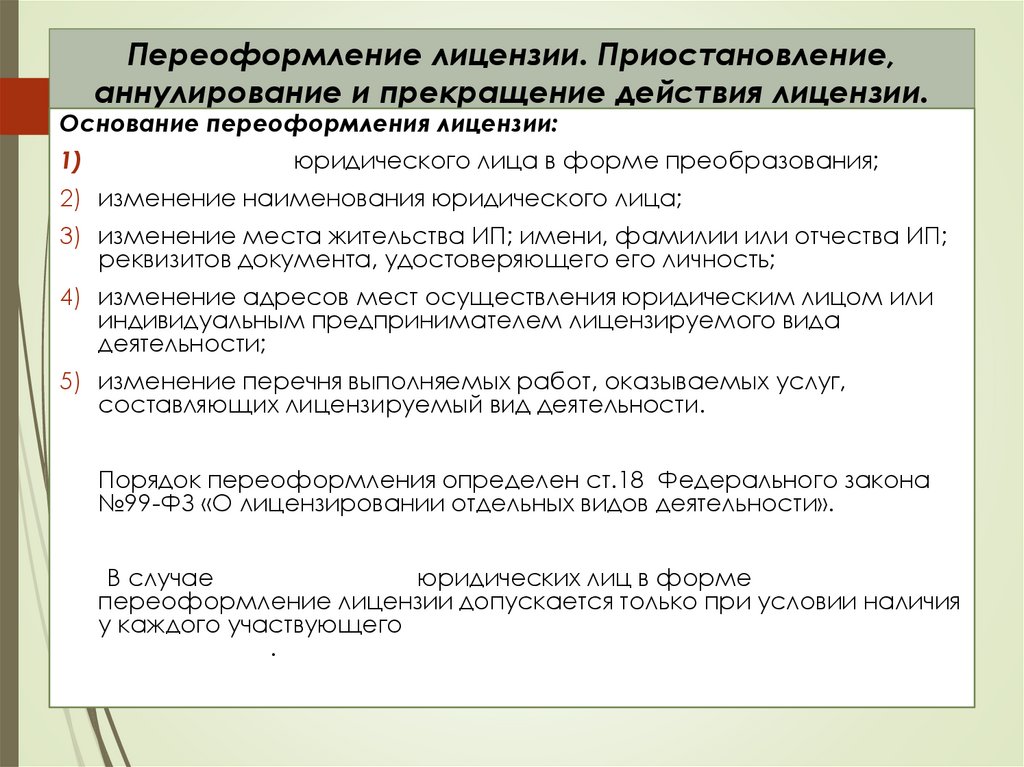 Переоформление лицензии. Приостановление, аннулирование и прекращение действия лицензии.