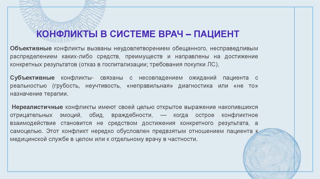 КОНФЛИКТЫ В СИСТЕМЕ ВРАЧ – ПАЦИЕНТ