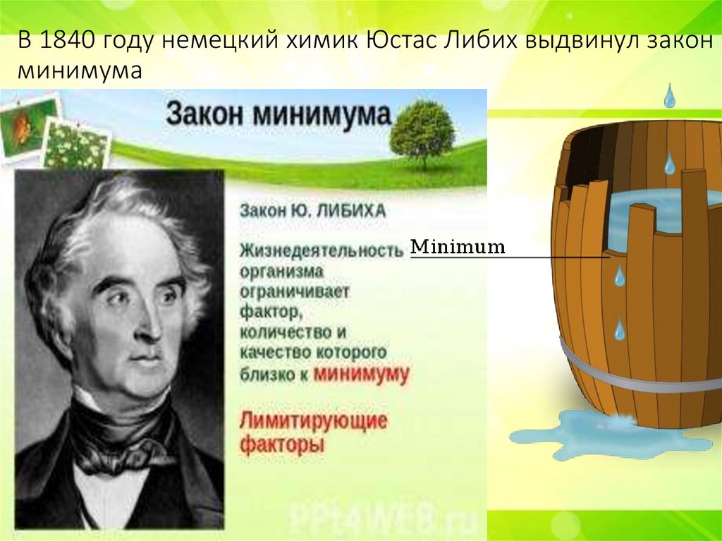 В 1840 году немецкий химик Юстас Либих выдвинул закон минимума