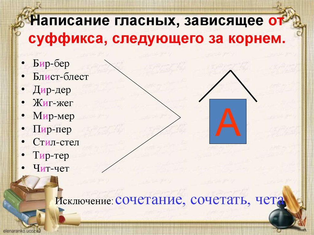 Написание гласных, зависящее от суффикса, следующего за корнем.