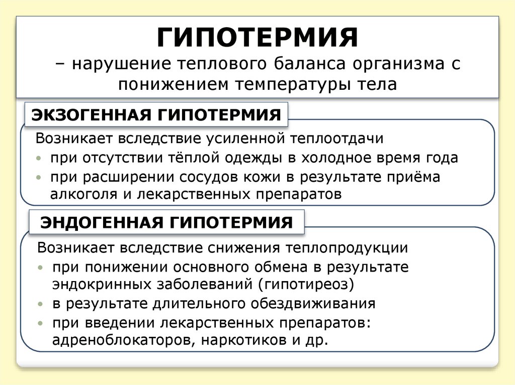гипотермия – нарушение теплового баланса организма с понижением температуры тела