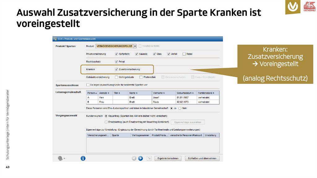 Auswahl Zusatzversicherung in der Sparte Kranken ist voreingestellt