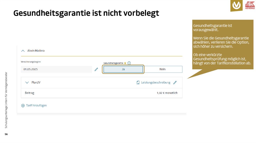 Gesundheitsgarantie ist nicht vorbelegt