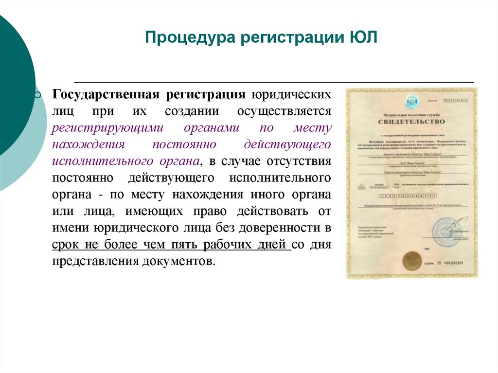 Процедура регистрации ЮЛ