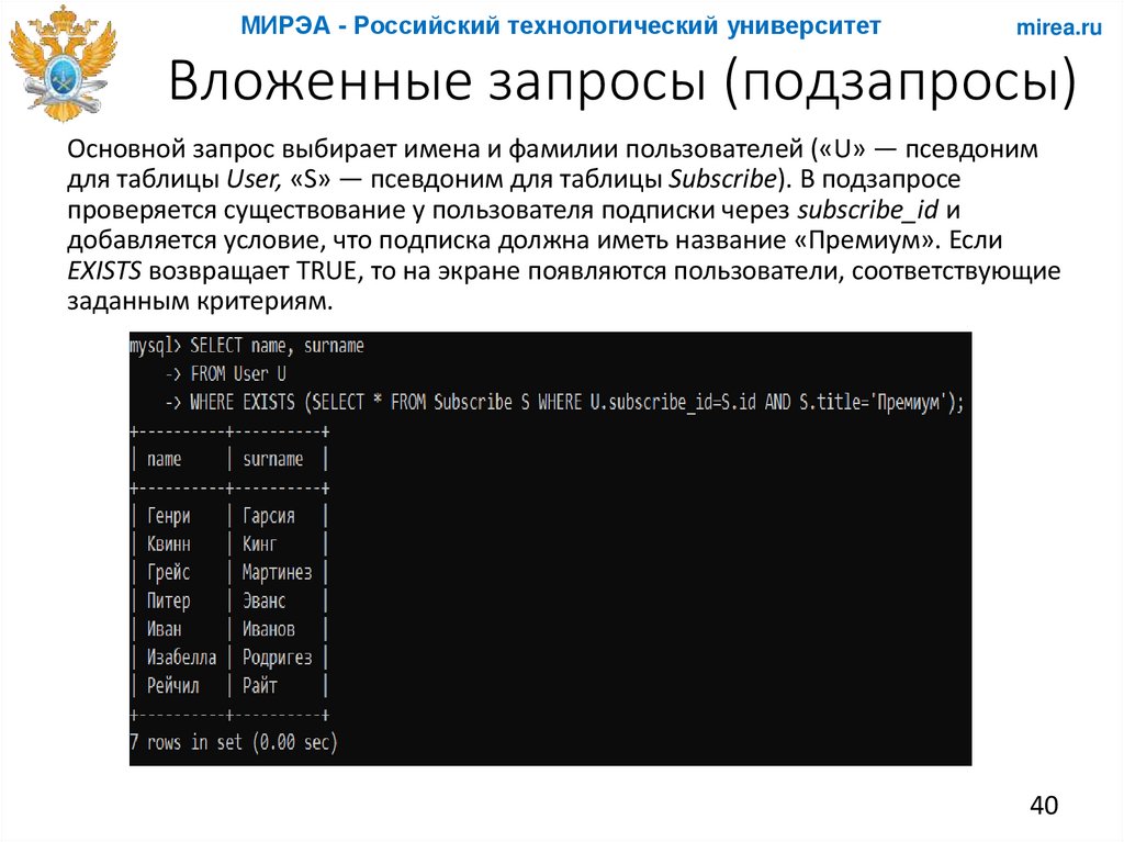 Вложенные запросы (подзапросы)