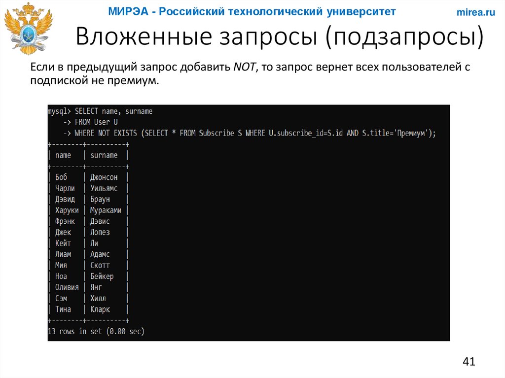 Вложенные запросы (подзапросы)