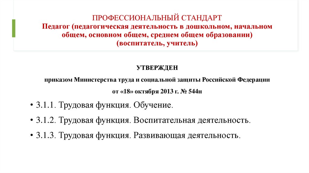 ПРОФЕССИОНАЛЬНЫЙ СТАНДАРТ Педагог (педагогическая деятельность в дошкольном, начальном общем, основном общем, среднем общем
