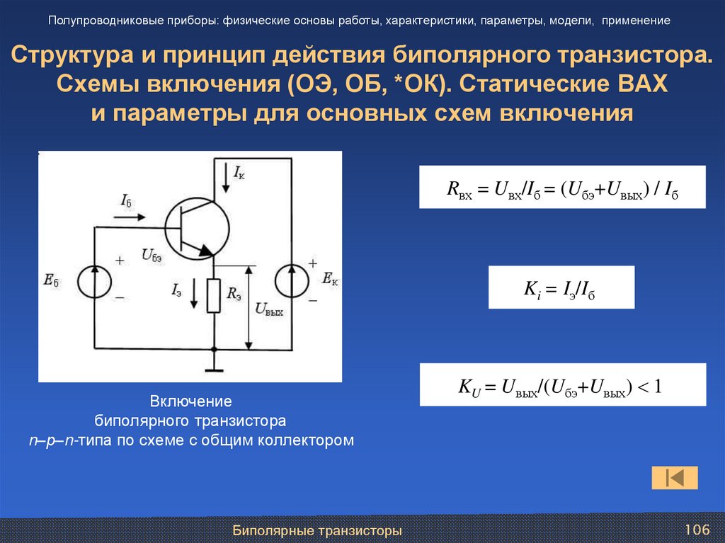 Структура и принцип действия биполярного транзистора. Схемы включения (ОЭ, ОБ, *ОК). Статические ВАХ и параметры для основных